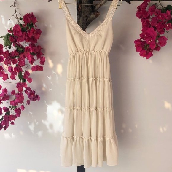 Medium White Beige Flutter Knee length Spring Summer Swing Dress - Picture 5 of 10